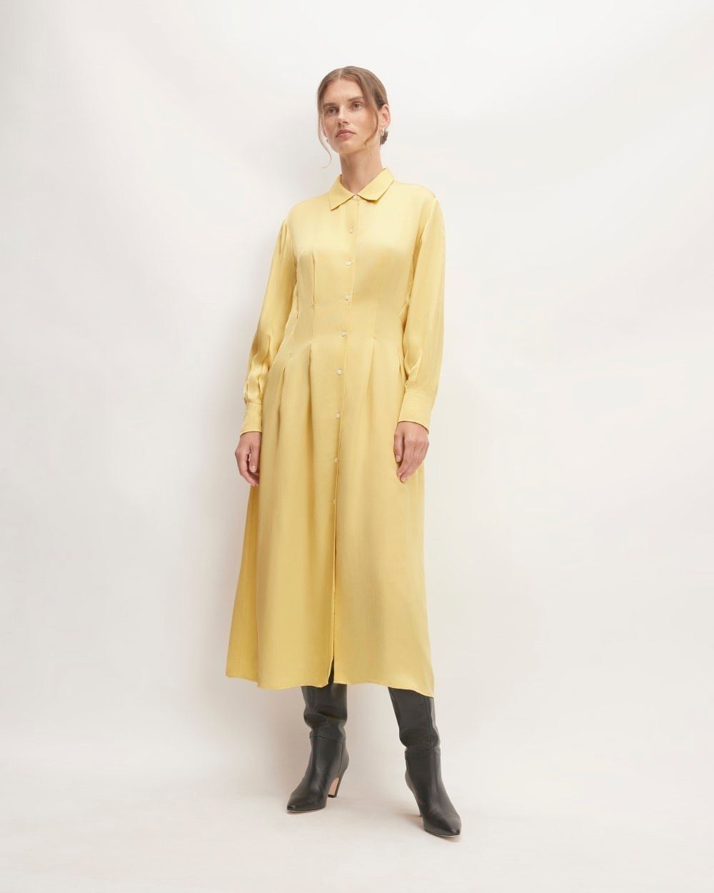 Everlane The Hammered Satin Shirt Midi Dress in Raffia Yellow Size 8